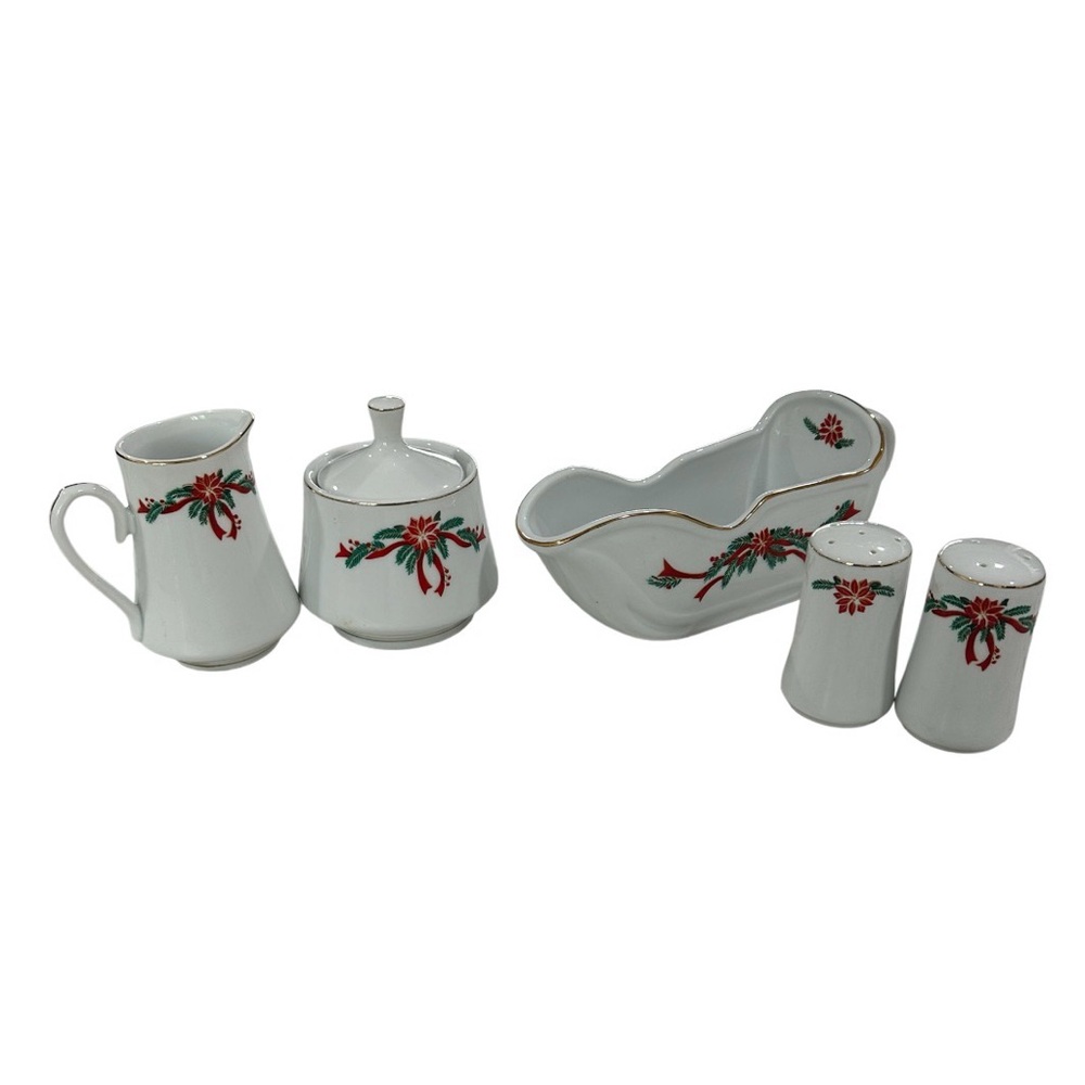 Poinsettia & Ribbons Holiday China Set- Gravy Boat, Sugar & Creamer, S&P Shaker
